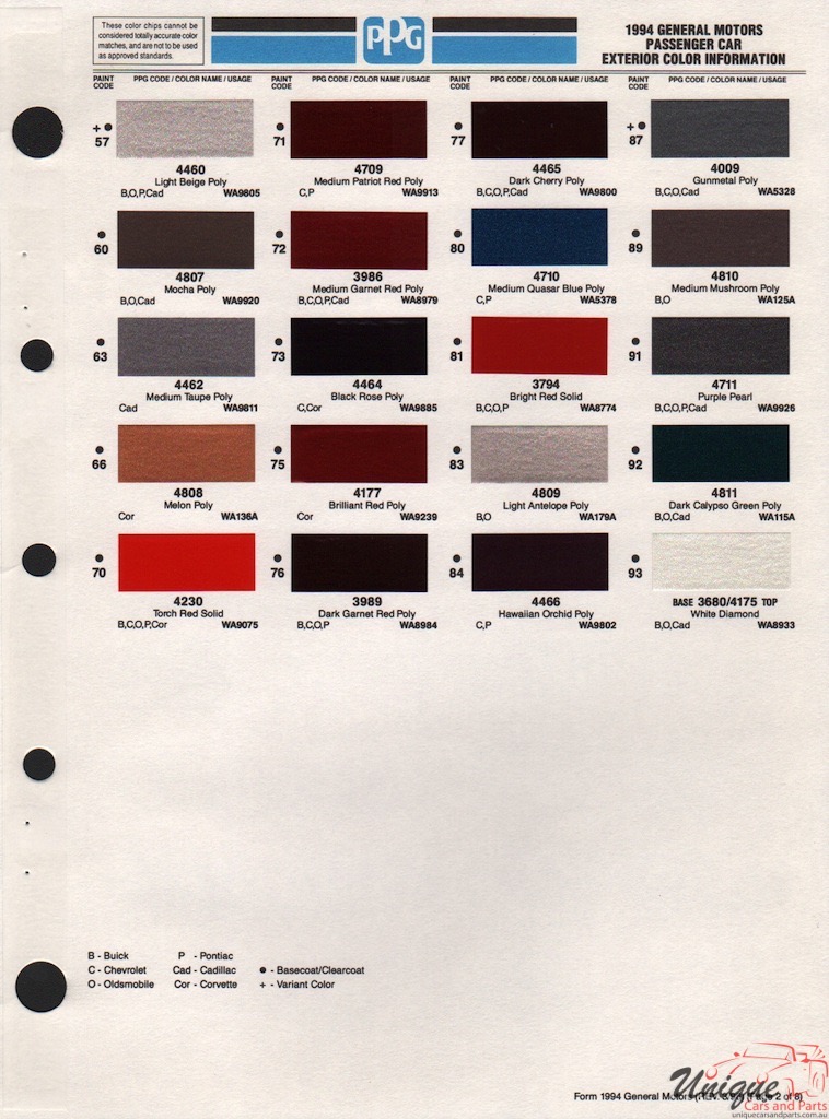 1994 General Motors Paint Charts PPG 2